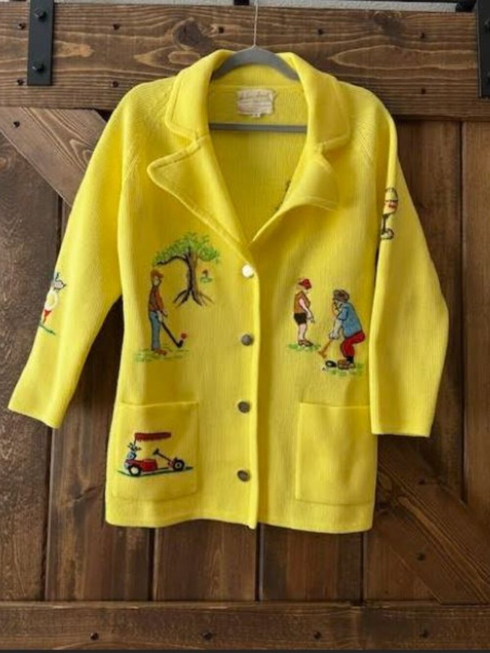 Andrew Aresti Vintage 1950's Golf Embroidered Cardigan Sweater Womens Yellow S